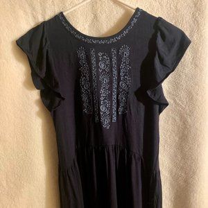 XS Loft Floral Embroidered Tie Back Swing Dress, Navy Blue